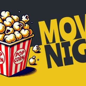 Cartoon popcorn box with 'Movie Night' text in bold yellow letters