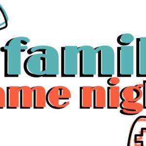 Colorful family game night banner with pizza slice and game controller graphics