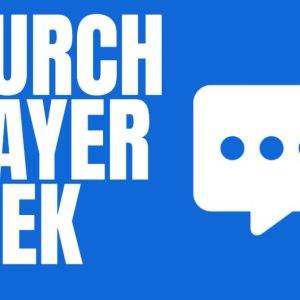 Church prayer week banner with blue background and speech bubble icon.