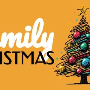 Festive illustration of a Family Christmas with a colorful doodle Christmas tree on an orange background.