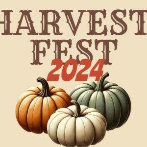 Harvest Fest 2024 poster featuring three autumnal pumpkins