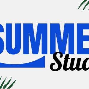 Bold "Summer Study" text with tropical leaf accents and sparkling star graphics.