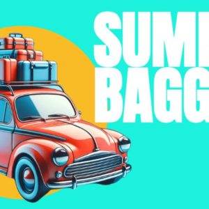 Vintage red car loaded with colorful suitcases against a vibrant blue background with the text "Summer Baggage".