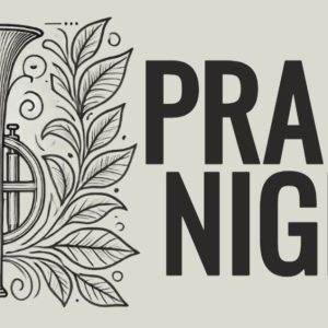 Elegant trumpet illustration with decorative leaves beside 'Praise Night' text.