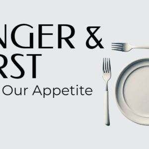 Minimalist table setting with fork, knife, and empty plate, emphasizing hunger and thirst theme.