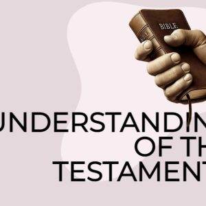 Hand holding a Bible against light brown background with the text "THE UNDERSTANDING OF THE TESTAMENTS"