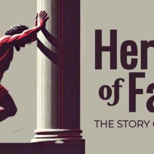 Illustration of Samson pushing against a pillar, with the text "Heroes of Faith: The Story of Samson."