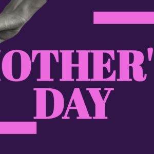 Mother's Day illustration with a child holding an adult's hand on a purple background.