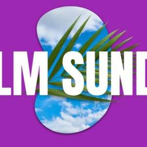 Palm Sunday graphic with vibrant purple background and palm leaves overlapping a sky with clouds