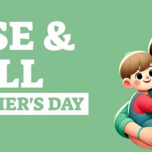 Mother's Day celebration graphic with a woman holding a child on a green background.