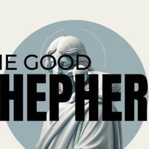 Detailed illustration of a shepherd with a lamb, centered in a minimalist blue circle background, with the text "The Good Shepherd" overlayed in bold black font.