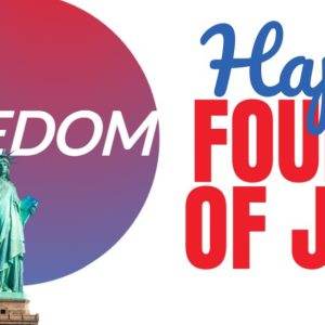 Independence Day celebration with the Statue of Liberty and bold Happy Fourth of July text