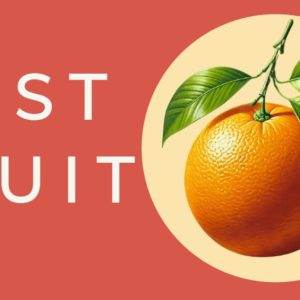 Vibrant orange with green leaves on First Fruit poster against a red background.