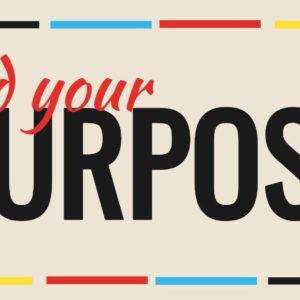 Bold text "find your purpose" with colorful lines on a beige background.