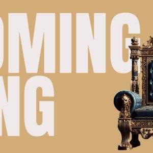 Lavish golden throne with blue upholstery beside bold text that reads "COMING KING" on a beige background.