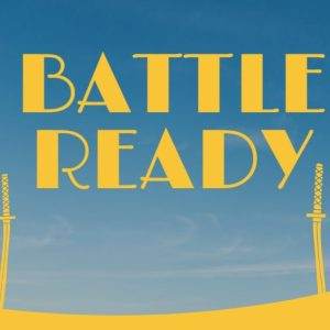 Yellow "Battle Ready" title against a clear blue sky with four yellow swords.