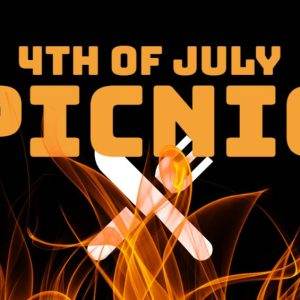 4th of July picnic banner with fiery background and crossed utensils