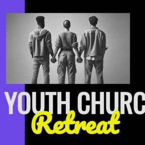 Three youths standing hand-in-hand, promoting a youth church retreat.