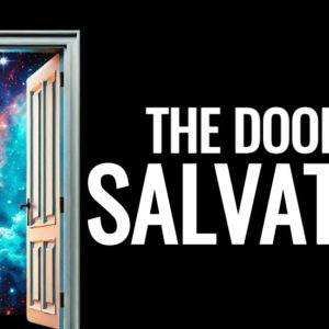 Open door revealing a vibrant, cosmic universe with the words "The Door to Salvation" in bold white text against a black background.