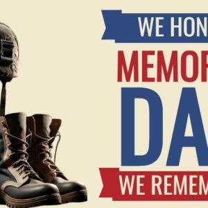 Memorial Day tribute with military helmet, boots, rifle, and American flag, honoring fallen soldiers.