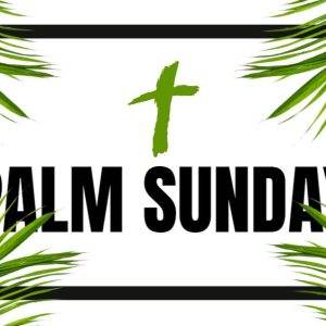 Palm Sunday graphic with green palm leaves and a green cross on a white background.