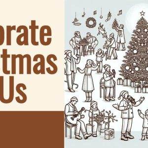 Family celebrating Christmas around a decorated tree with joyful activities like singing, playing instruments, and decorating. Brown and white festive illustration.