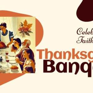 Family gathered around a table enjoying a Thanksgiving banquet with a large turkey centerpiece, celebrating God's faithfulness.