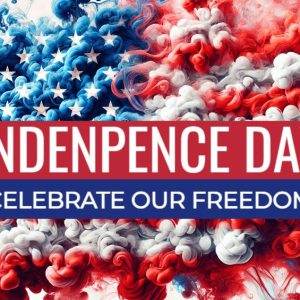 Colorful American flag-themed artwork celebrating Independence Day with vibrant swirls of red, white, and blue and the text "Independence Day Celebrate Our Freedom."