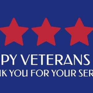 Veterans Day banner with three red stars and message thanking veterans for their service