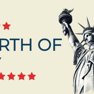 Fourth of July graphic with Statue of Liberty illustration and red stars