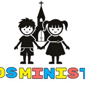 Cartoon children holding hands in front of a church with text Kids Ministry in colorful letters.