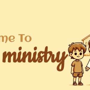 Cartoon Jesus with children and a church background welcomes to kid's ministry.