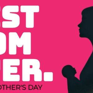 Silhouette of a mother holding her child against a vivid pink background with "Best Mom Ever" text.