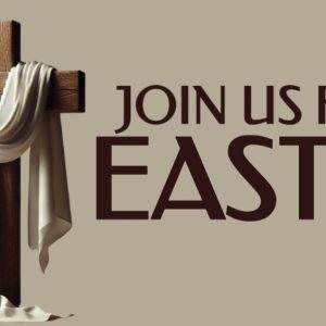 Wooden cross draped with white cloth next to "Join Us for Easter" text on beige background.