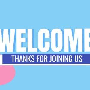 Welcome message with vibrant pink and blue background