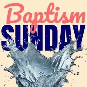 Baptism Sunday graphic with a splashing water design