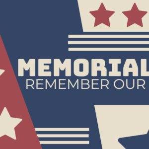 Patriotic Memorial Day graphic with stars and stripes, honoring our heroes.