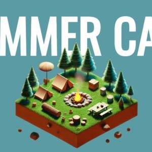 3D illustration of a vibrant summer camp scene with tents, pine trees, and a campfire against a blue background.