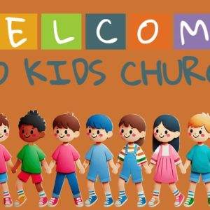 Welcome to Kids Church banner with diverse cartoon children holding hands