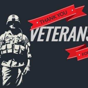 Veterans Day graphic with soldiers and thank you banners.