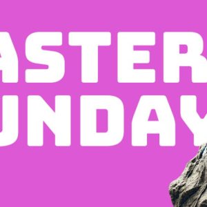 Easter Sunday graphic with a wooden cross on a rocky cliff and bright purple background