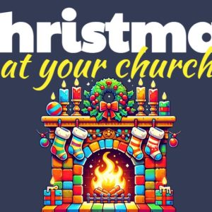 Festive church Christmas event poster with colorful fireplace and stockings