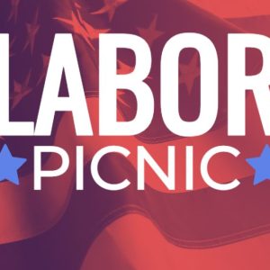 Labor Picnic poster with American flag background and blue stars