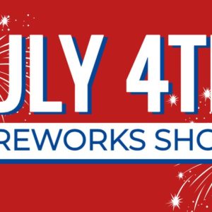 "Colorful July 4th fireworks show announcement with bright red background and white fireworks"