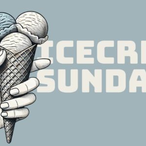 Hand holding a double scoop ice cream cone with the text Ice Cream Sunday on a muted blue background.