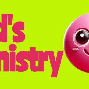 Bright Kids Ministry logo with happy pink emoji on vibrant green background