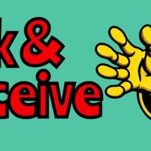 Bright illustration with ‘Ask & Receive’ text and a cartoon hand reaching out.