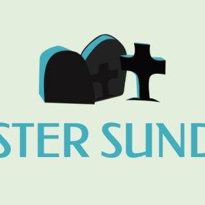 Easter Sunday graphic with tomb and cross on light background