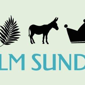 Palm Sunday symbols with palm leaf, donkey, and crown