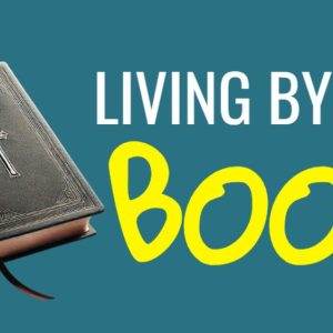 Holy Bible with a cross and the text Living by the Book on a teal background